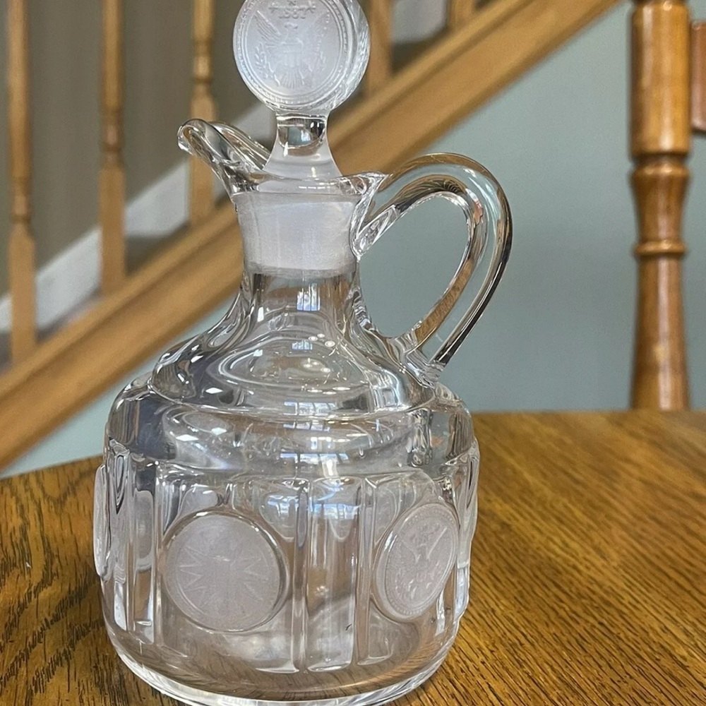 Vintage Fostoria Clear Coin Open Glass Dish Jam Jelly Compote & Cruet w/ Stopper - Picture 2 of 11